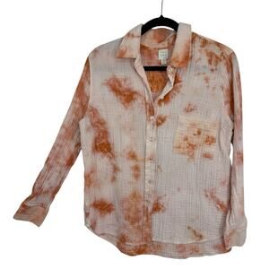 Roan Ryan Cotton Gauze Watercolor button Up Shirt Size Medium Long Sleeve coral